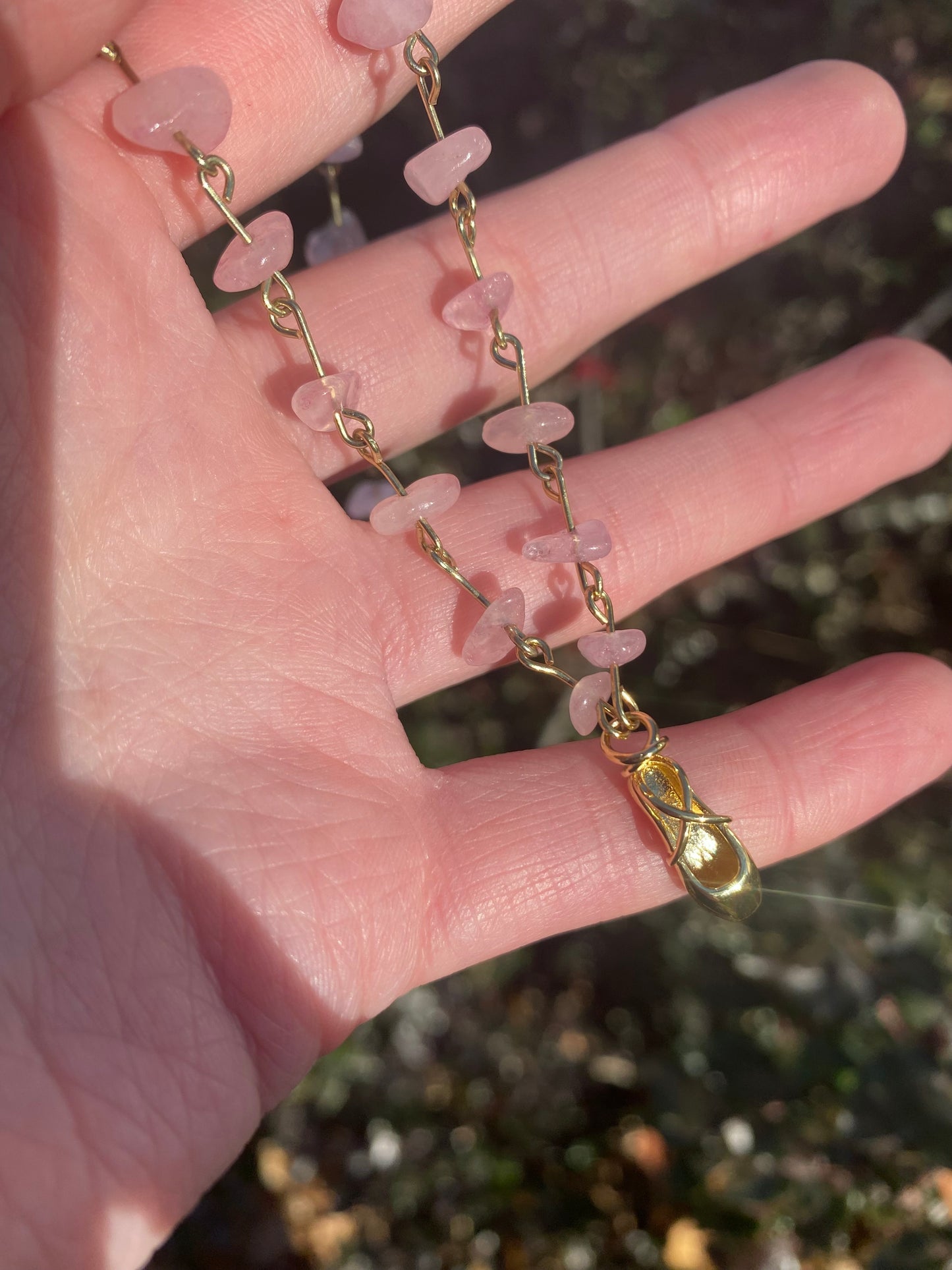 Ballet Pointe Shoe Gemstone Necklace in Gold Rose Quartz and Silver Amethyst Stones