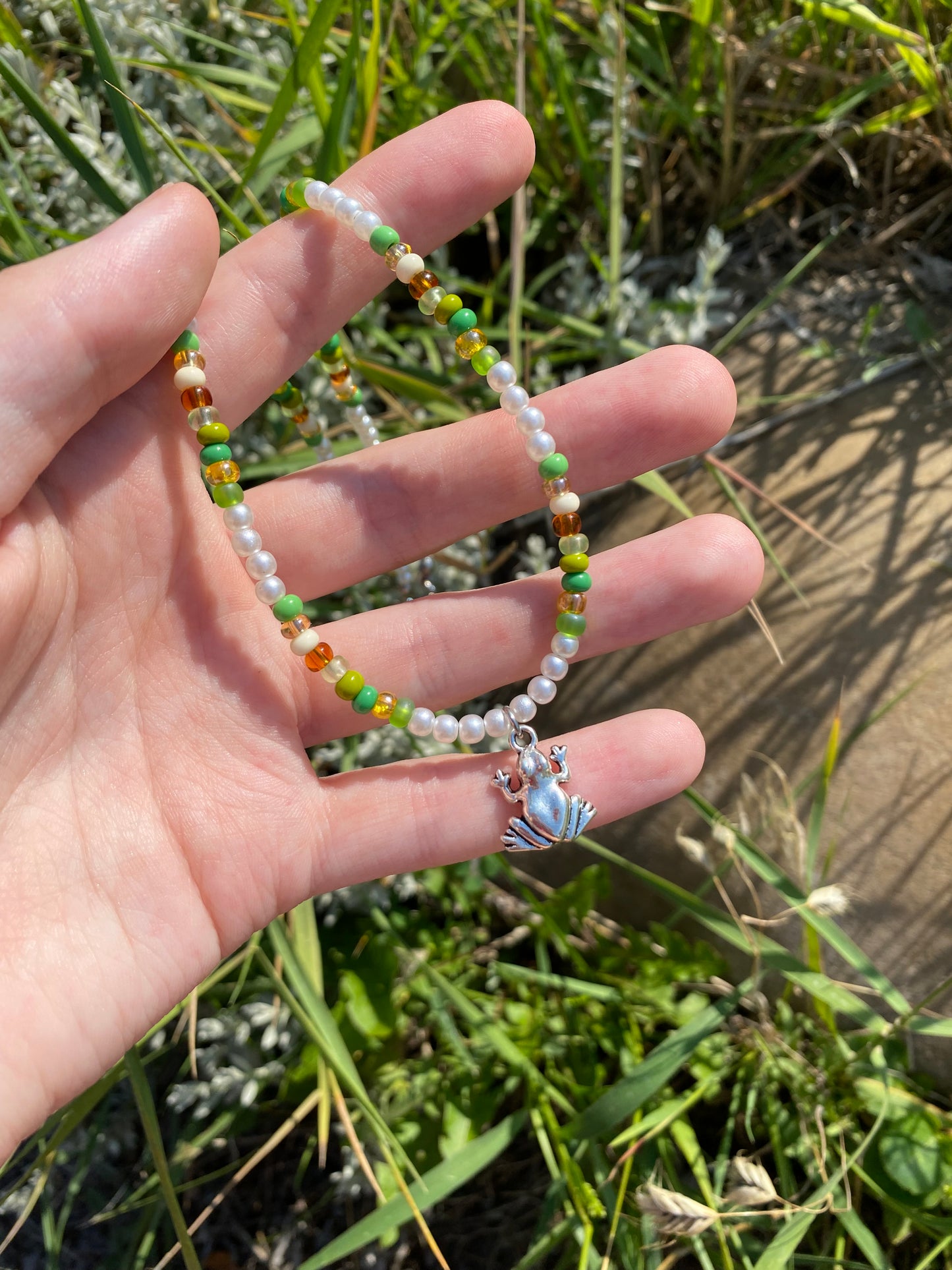 Frog Faux Pearls and Beads Silver Charm Necklace