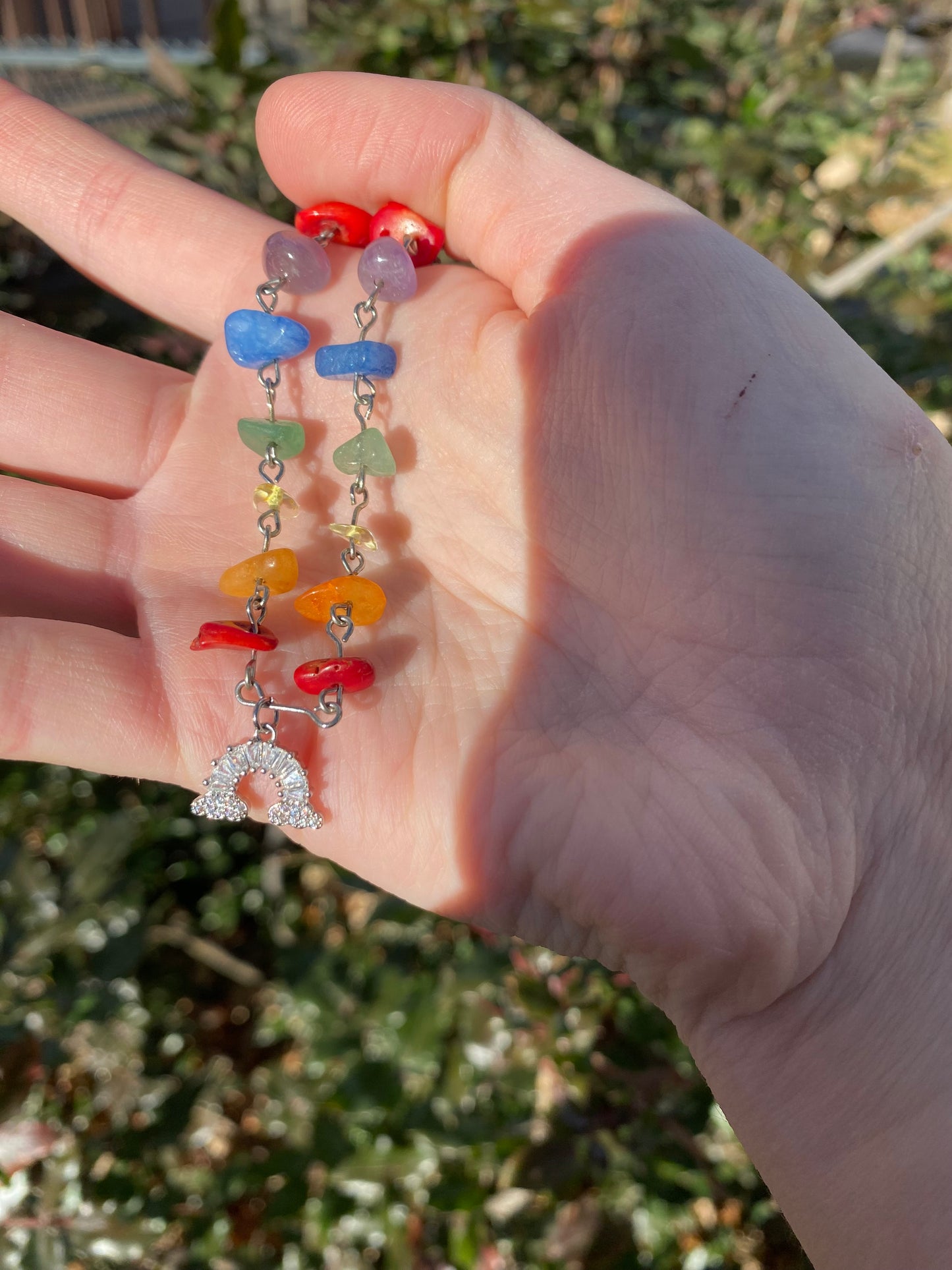 Rainbow Silver Sparkly Baguette Gemstone Charm Necklace