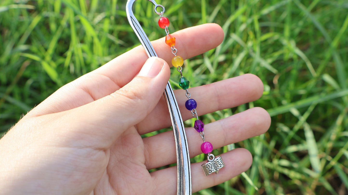 Rainbow Beaded Reading Bookmark in Silver