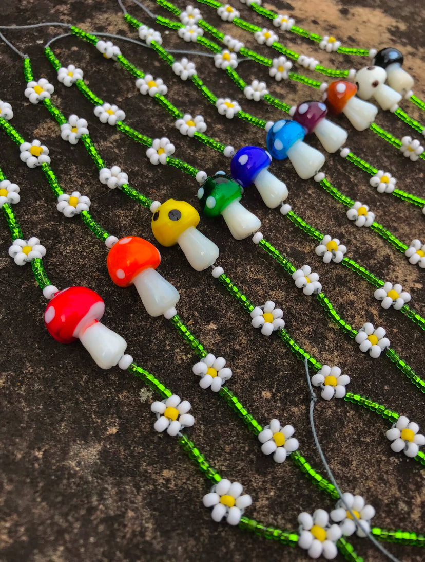 Mushroom and Daisy Beaded Adjustable Friendship Bracelet/Anklet