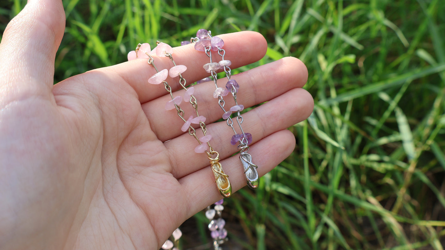 Ballet Pointe Shoe Gemstone Necklace in Gold Rose Quartz and Silver Amethyst Stones