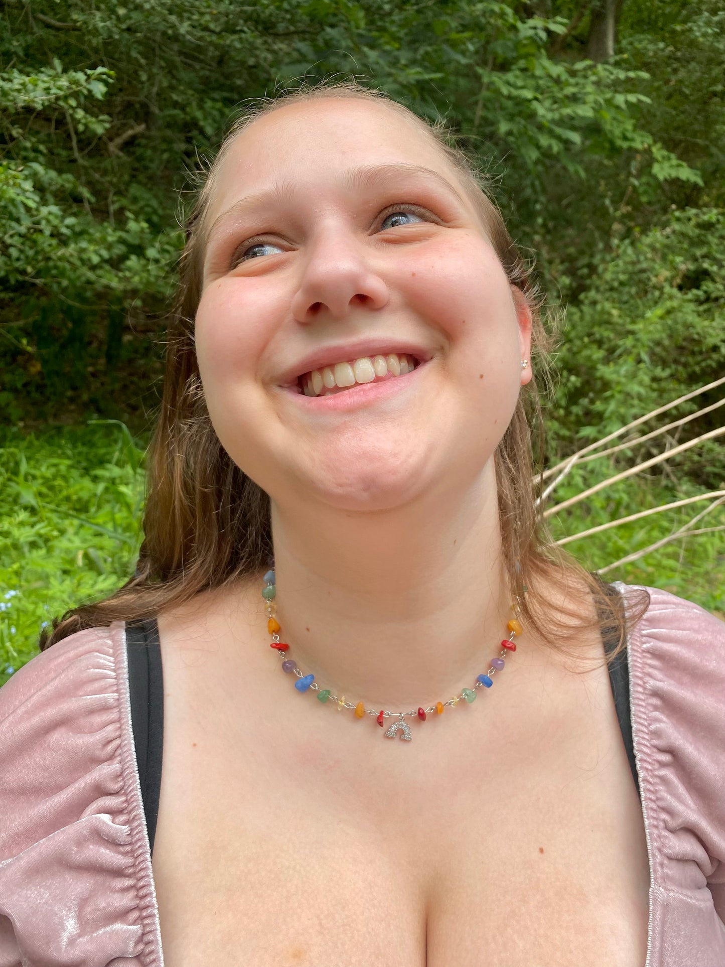 Rainbow Silver Sparkly Baguette Gemstone Charm Necklace