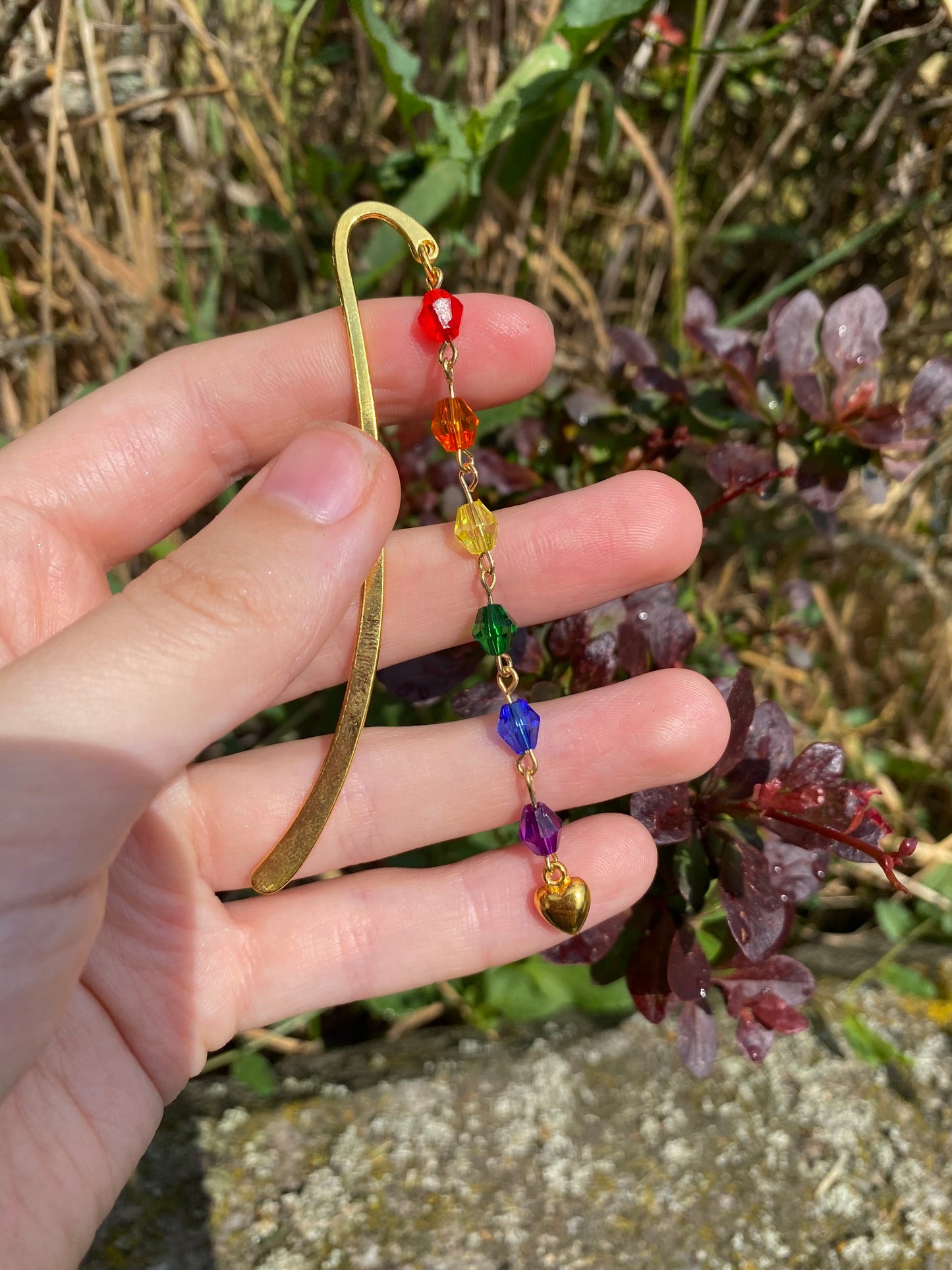 Rainbow Crystal Bead Gold Heart Bookmark
