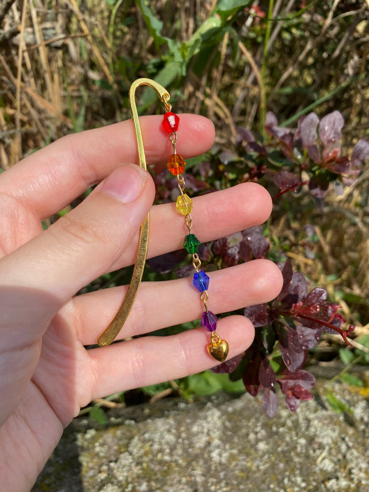 Rainbow Crystal Bead Gold Heart Bookmark