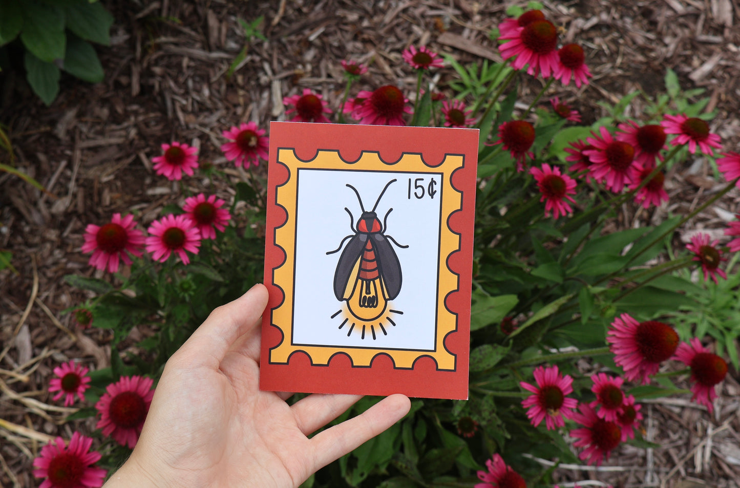 Lightning Bug/Fire Fly Postage Stamp Inspired Postcard