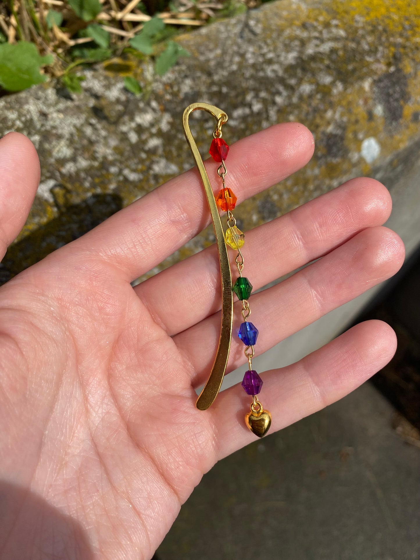 Rainbow Crystal Bead Gold Heart Bookmark