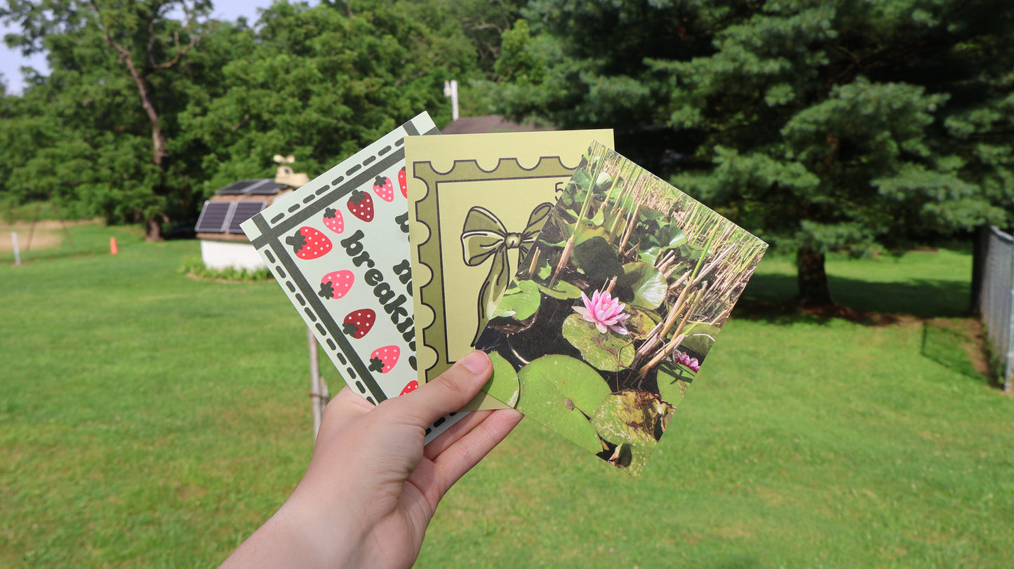 Bow Postage Stamp Design Postcard in Pink or Green