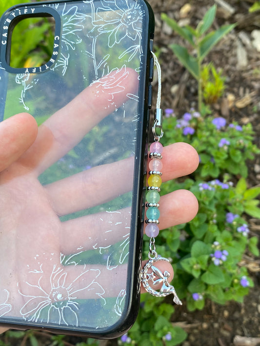 Pastel Rainbow Fairy on a Moon Silver Phone Charm