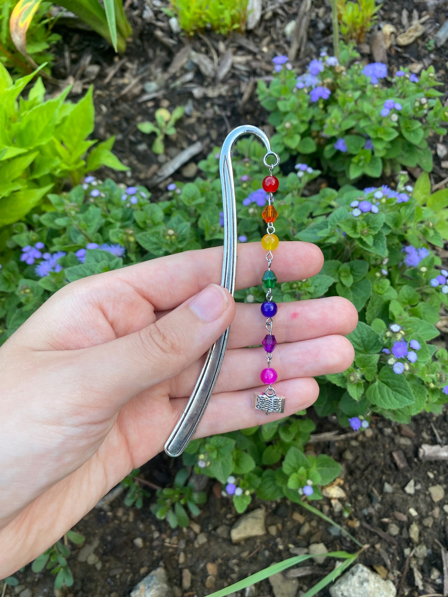 Rainbow Beaded Reading Bookmark in Silver