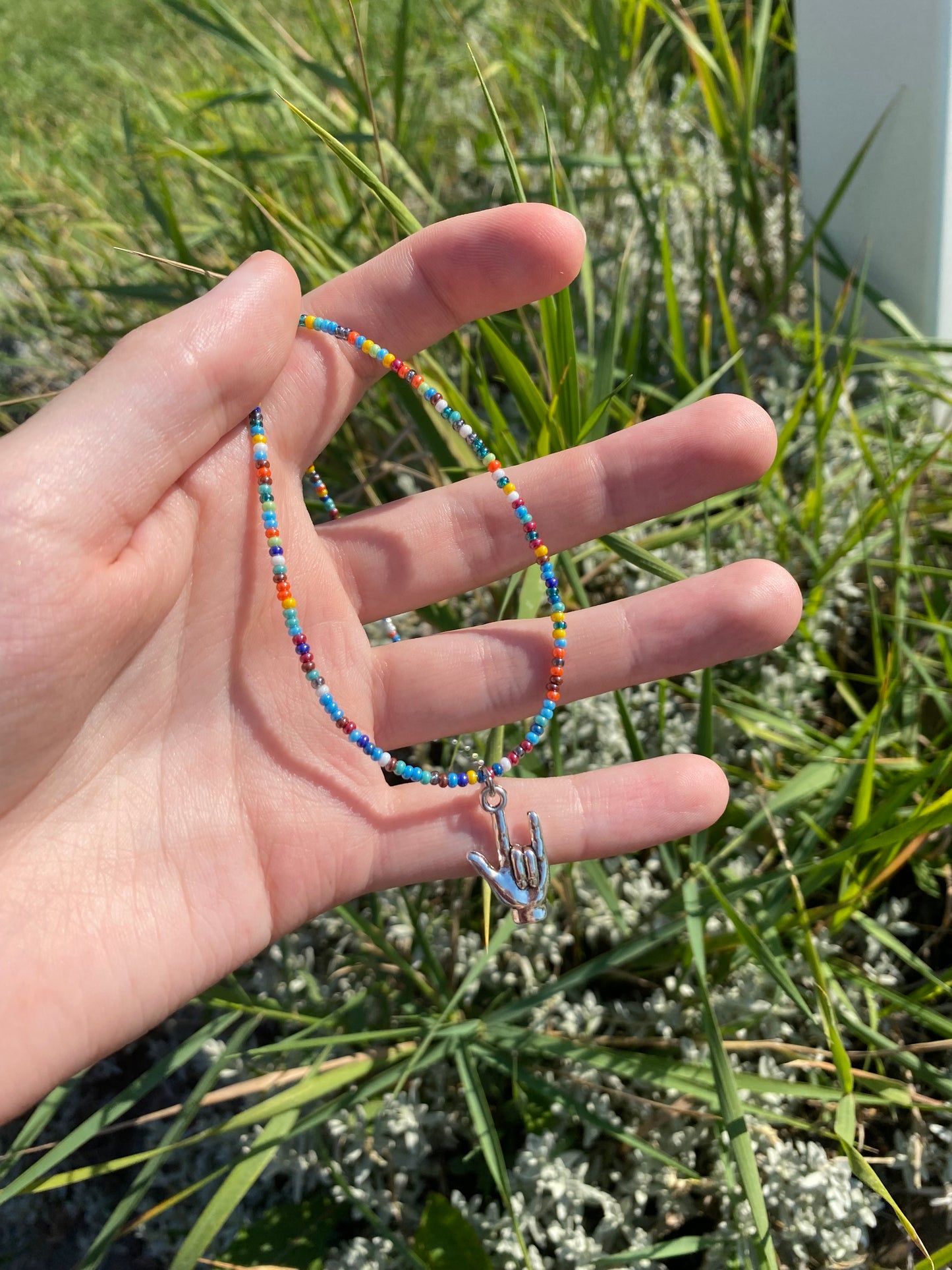 American Sign Language "I Love You" Beaded Rainbow Charm Necklace in Silver