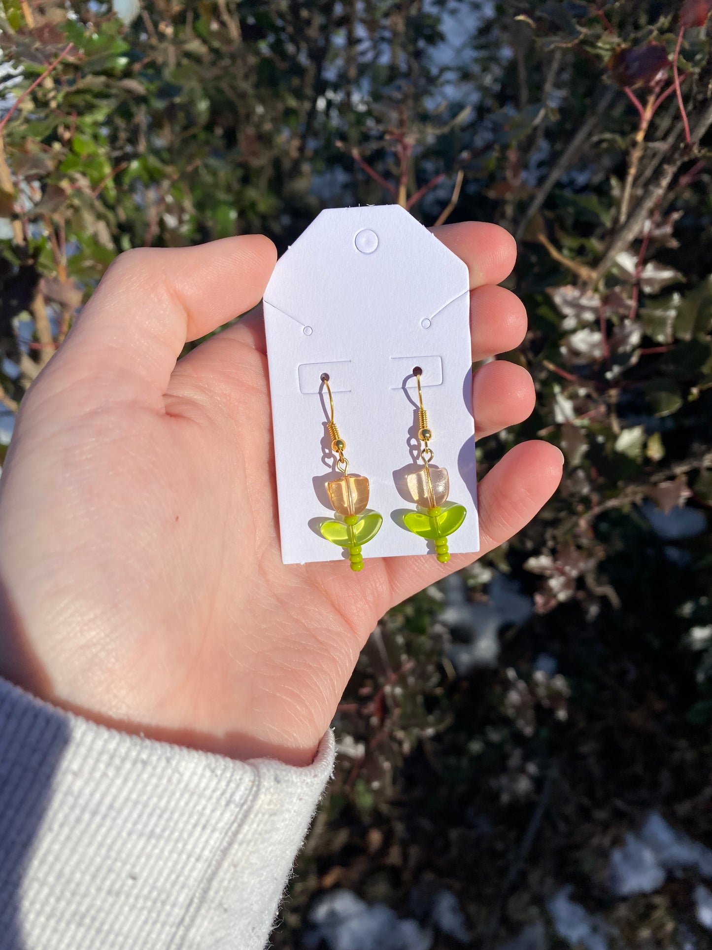 Tulip Flower Beaded Dangle Drop Gold Earrings in Yellow or Red