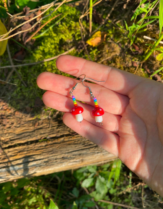 Rainbow Mushroom Plant Dangle Drop Earrings