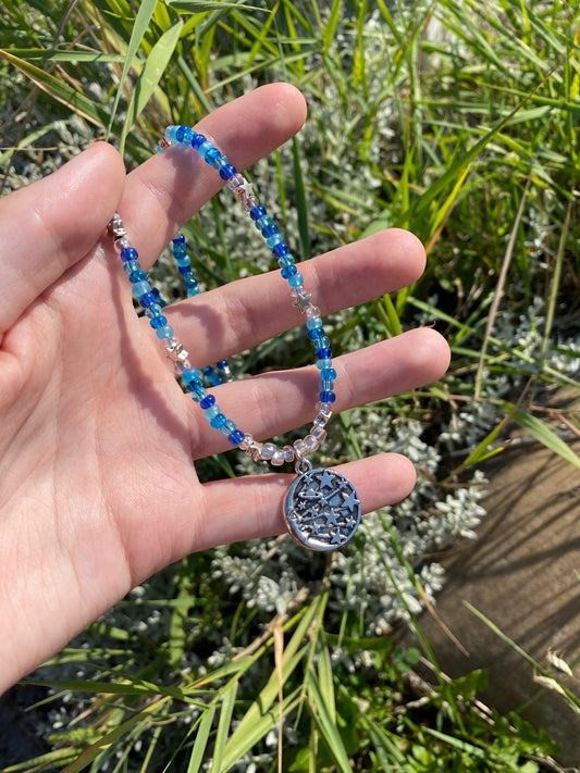 Blue Phases Moon, Stars and Planet Beaded Silver Charm Necklace
