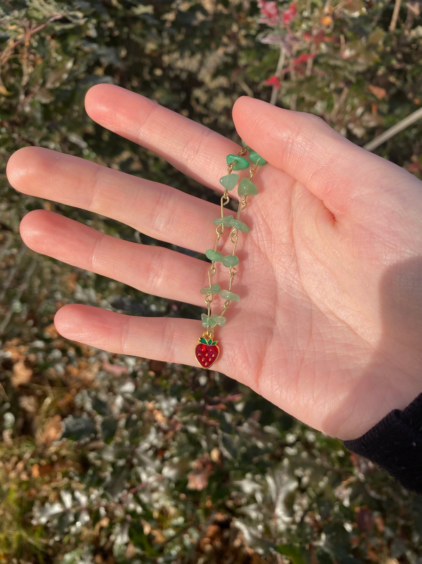 Strawberry Aventurine Fruit Gemstone Gold Charm Necklace