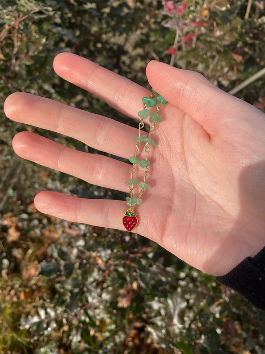 Strawberry Aventurine Fruit Gemstone Gold Charm Necklace