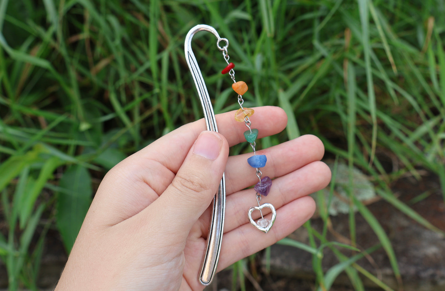 Large Rainbow Heart Gemstone Bookmark in Silver