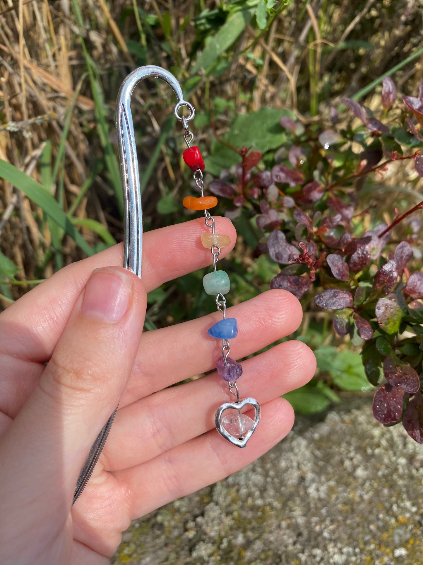 Large Rainbow Heart Gemstone Bookmark in Silver