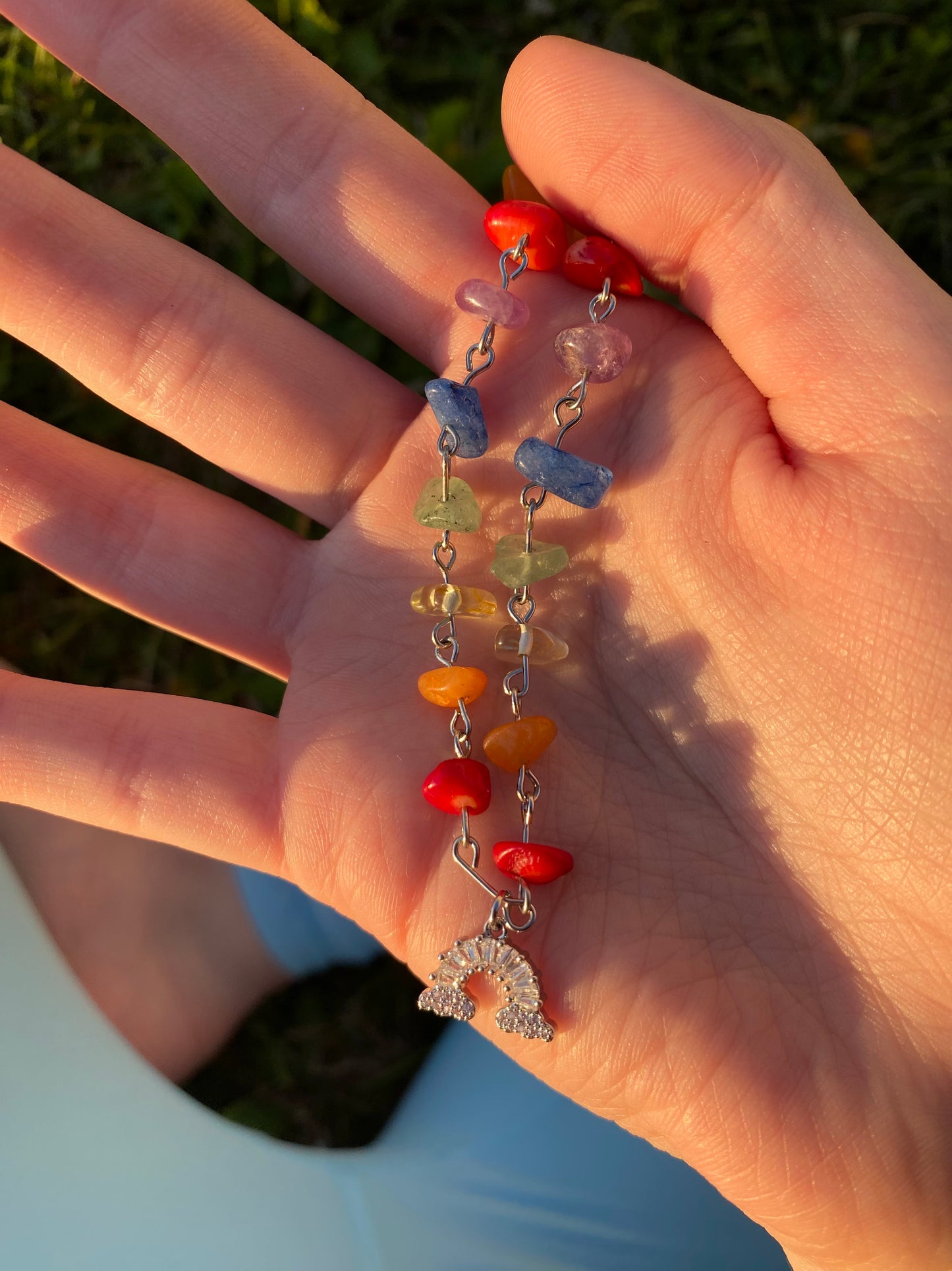 Rainbow Silver Sparkly Baguette Gemstone Charm Necklace