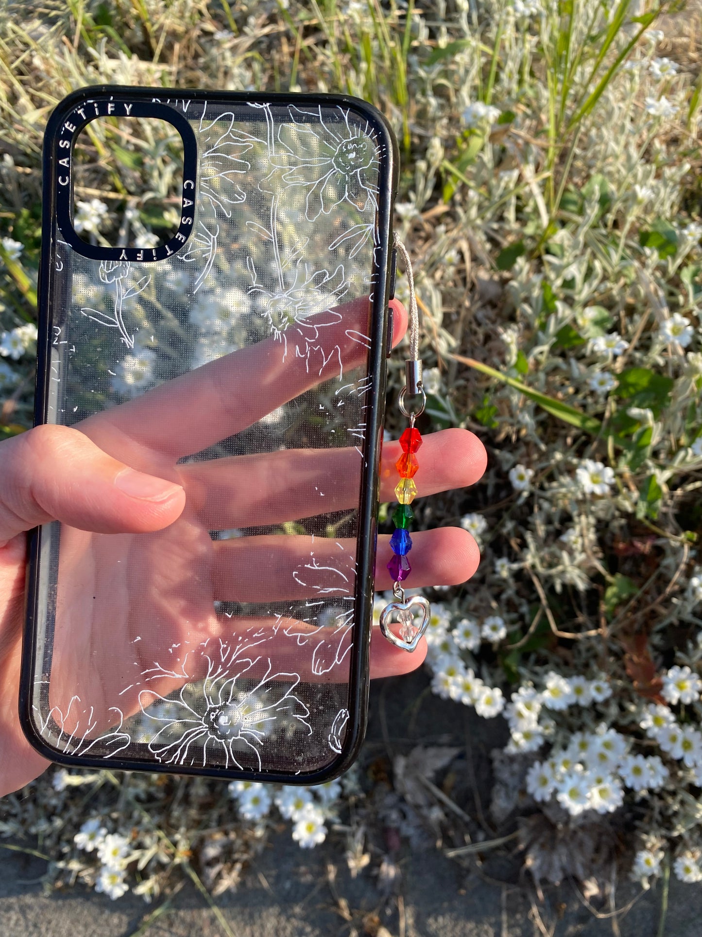 Rainbow Heart Crystal Beads Silver Phone Charm