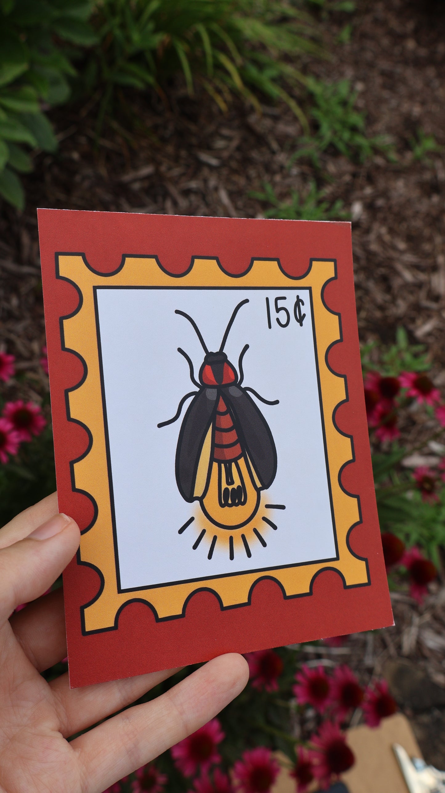 Lightning Bug/Fire Fly Postage Stamp Inspired Postcard
