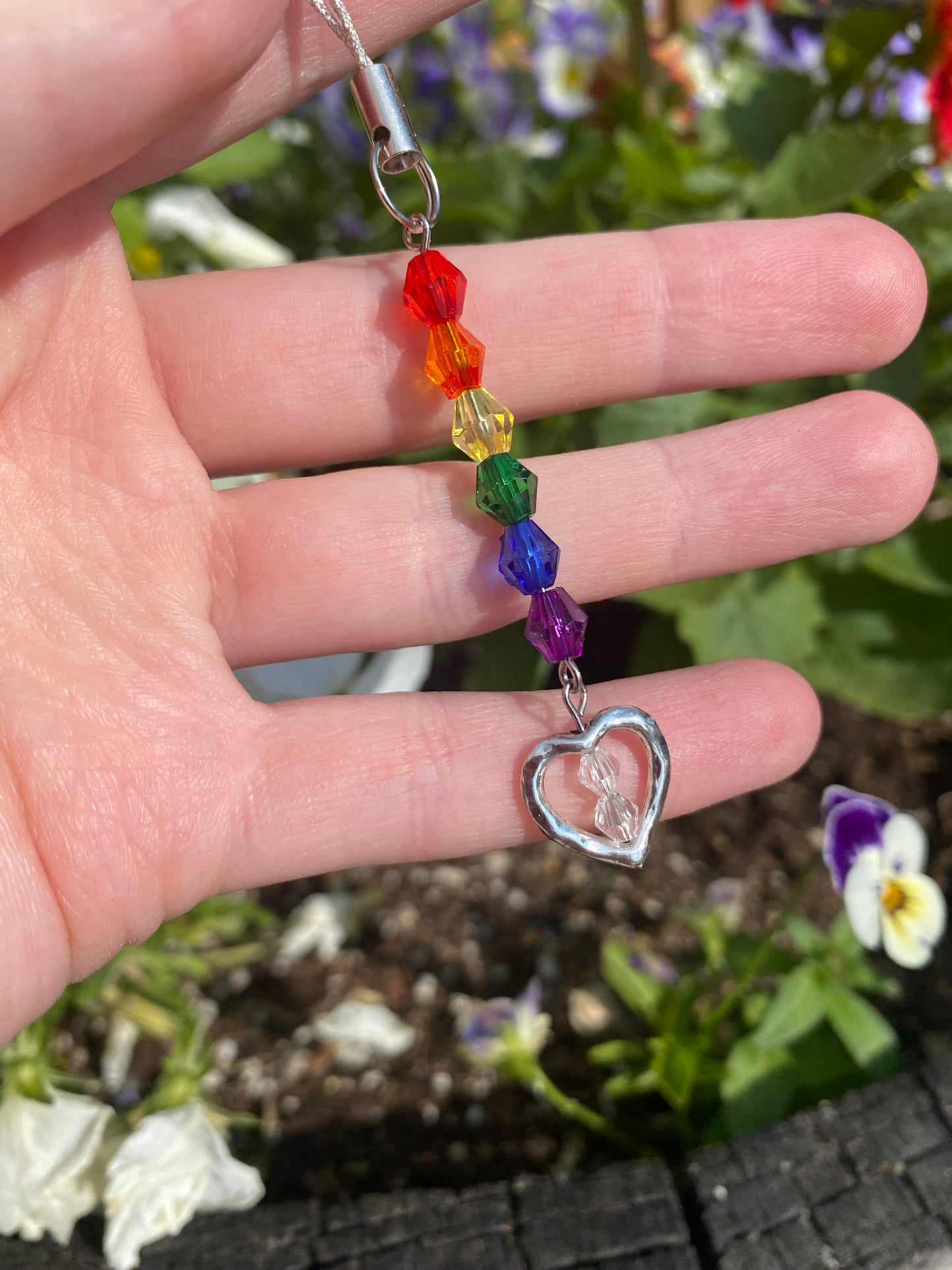 Rainbow Heart Crystal Beads Silver Phone Charm