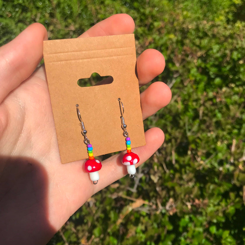 Rainbow Mushroom Plant Dangle Drop Earrings