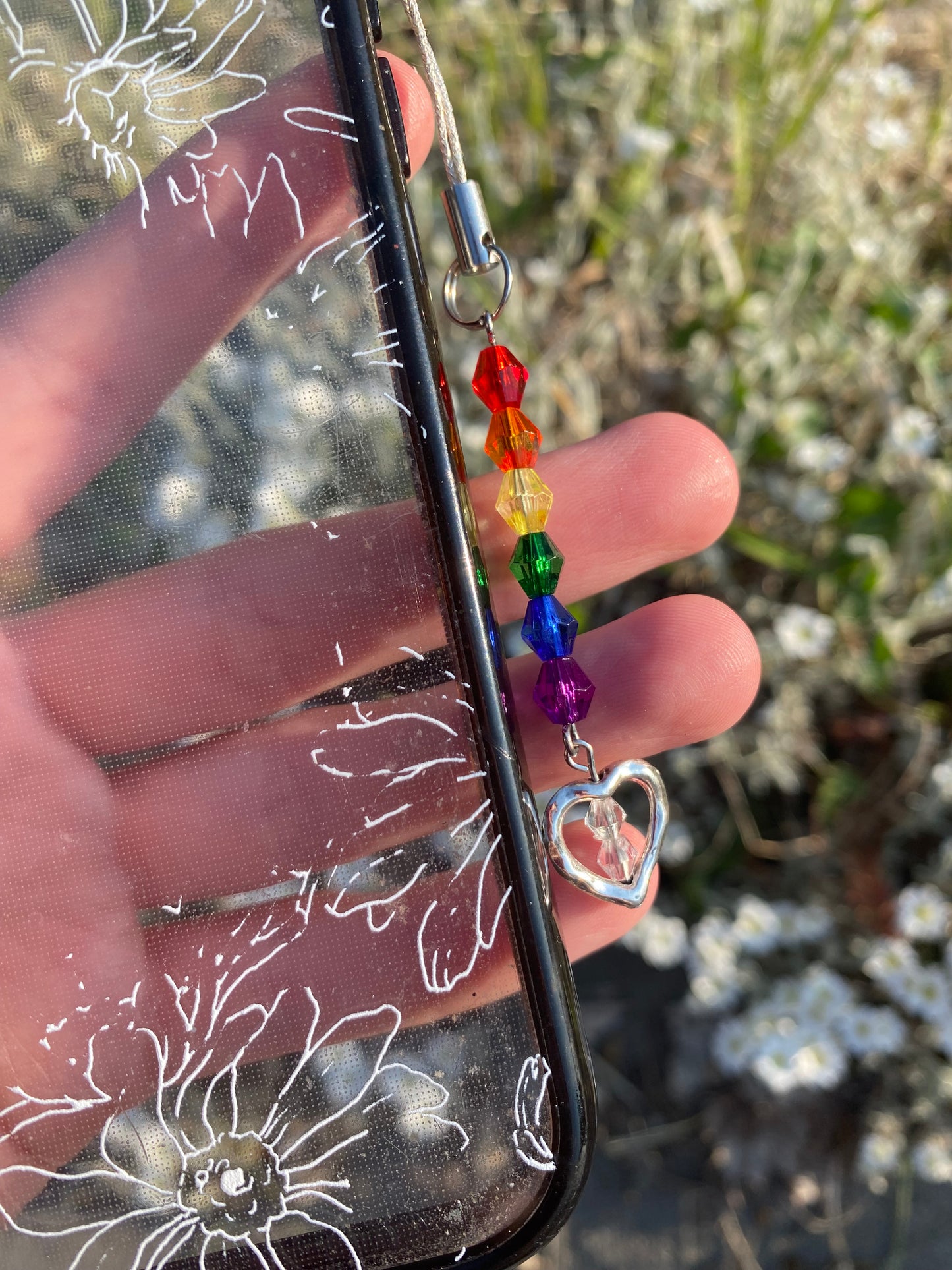 Rainbow Heart Crystal Beads Silver Phone Charm