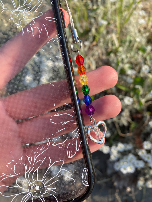 Rainbow Heart Crystal Beads Silver Phone Charm