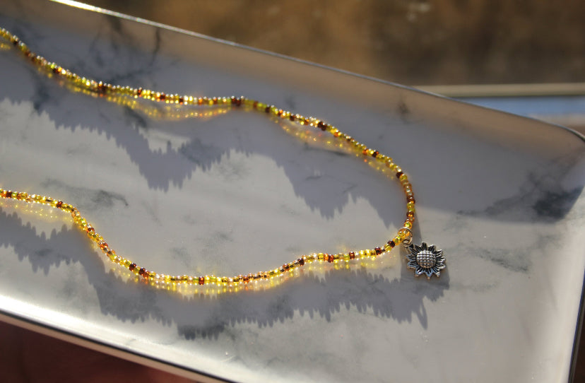 Yellow and Brown Dainty Silver Sunflower Beaded Charm Necklace