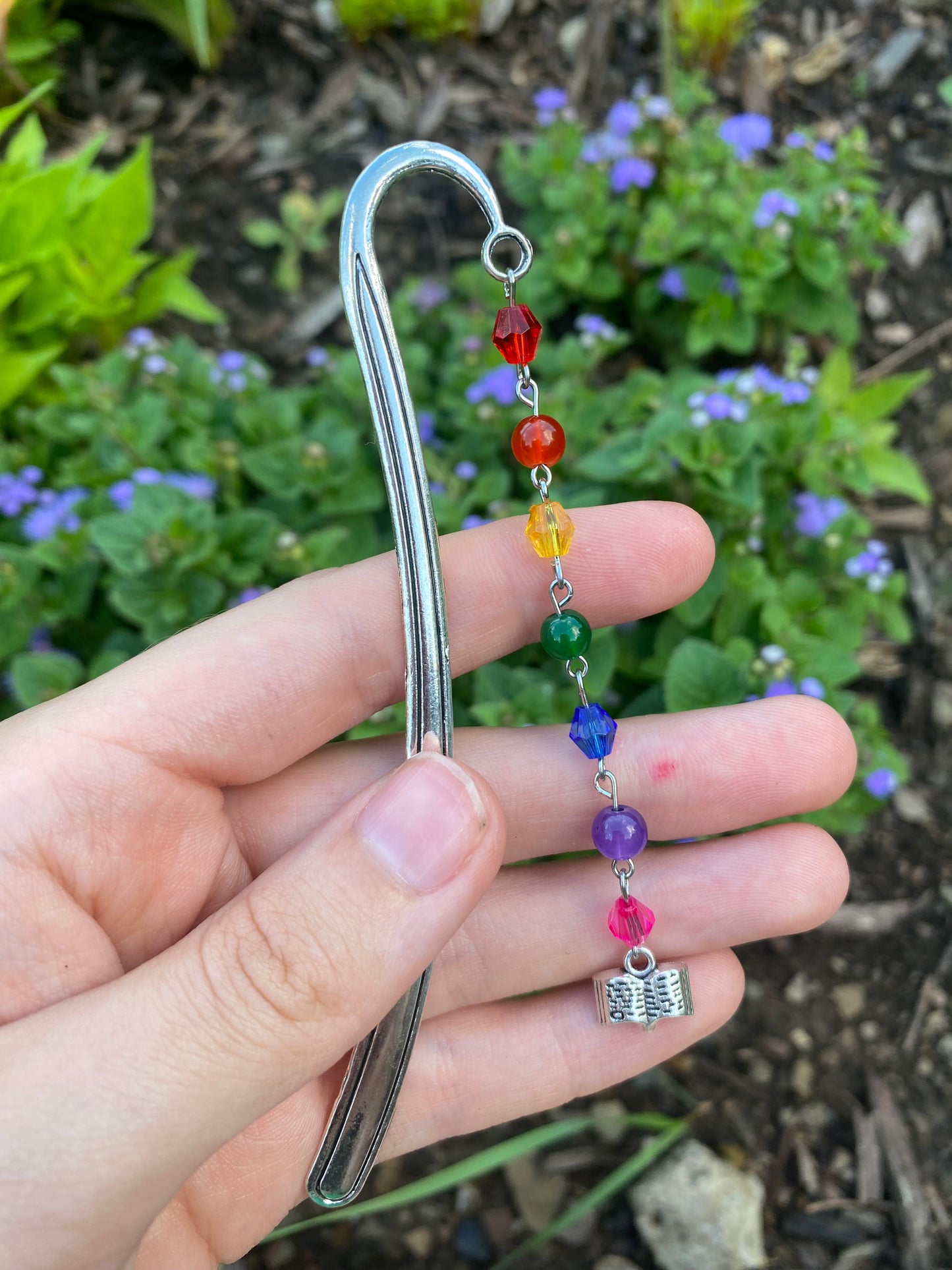 Rainbow Beaded Reading Bookmark in Silver