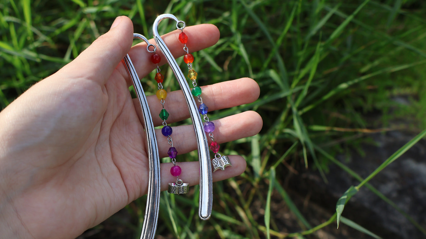 Rainbow Beaded Reading Bookmark in Silver