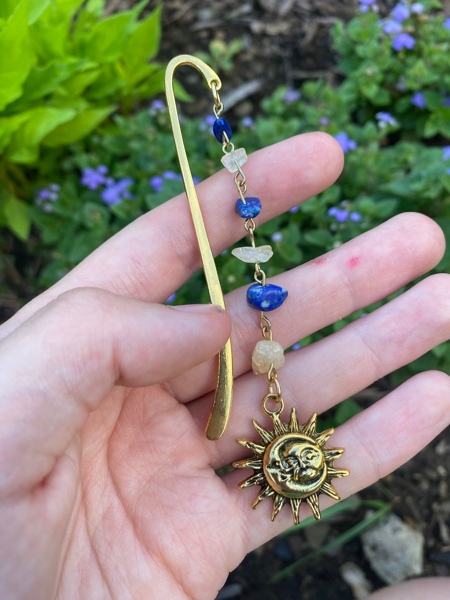 Sun and Moon Gold Citrine and Lapis Gemstone Charm Bookmark