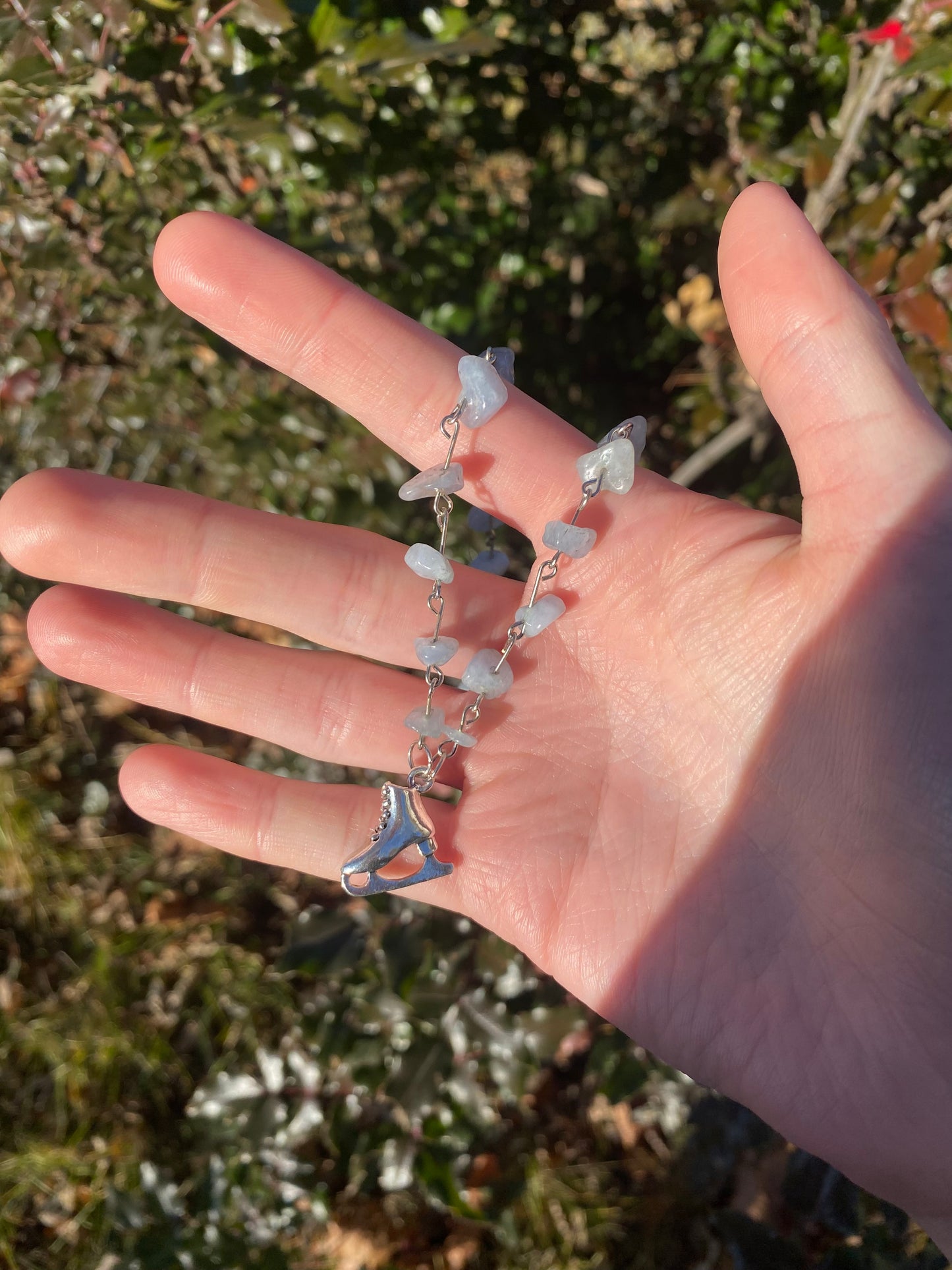 Ice Figure Skating Aquamarine Gemstone Silver Charm Necklace