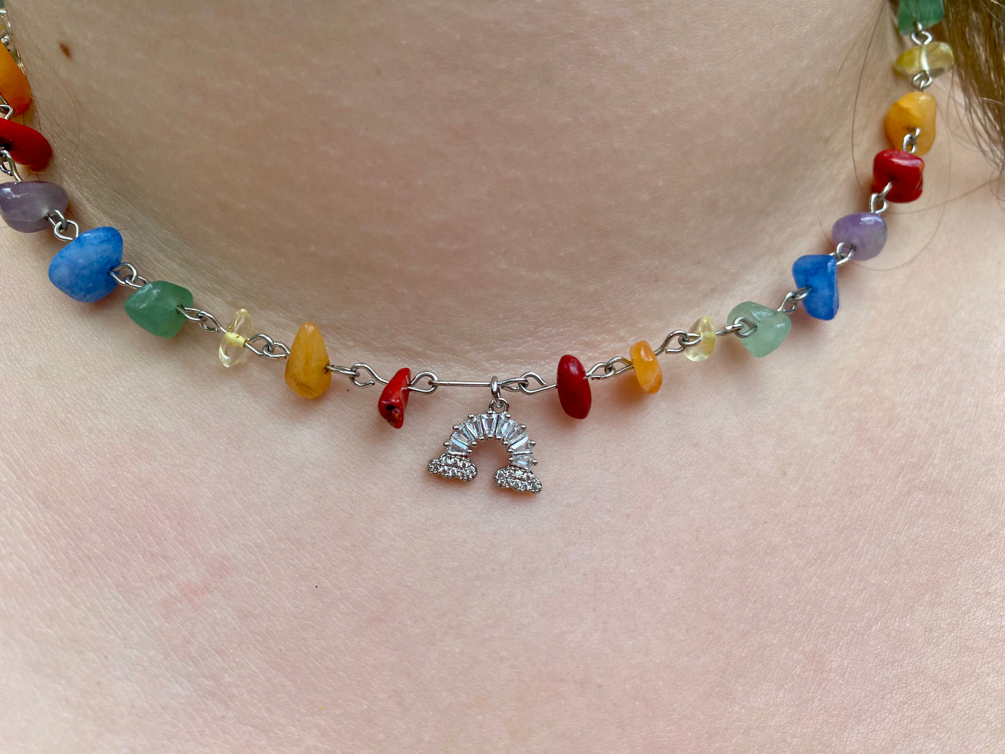 Rainbow Silver Sparkly Baguette Gemstone Charm Necklace