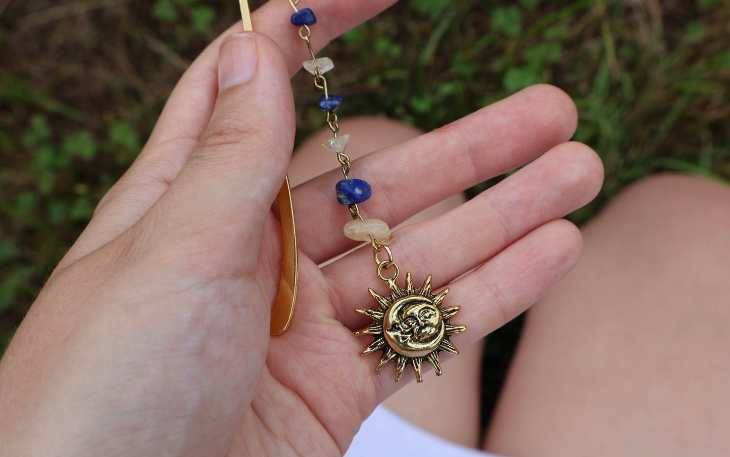 Sun and Moon Gold Citrine and Lapis Gemstone Charm Bookmark