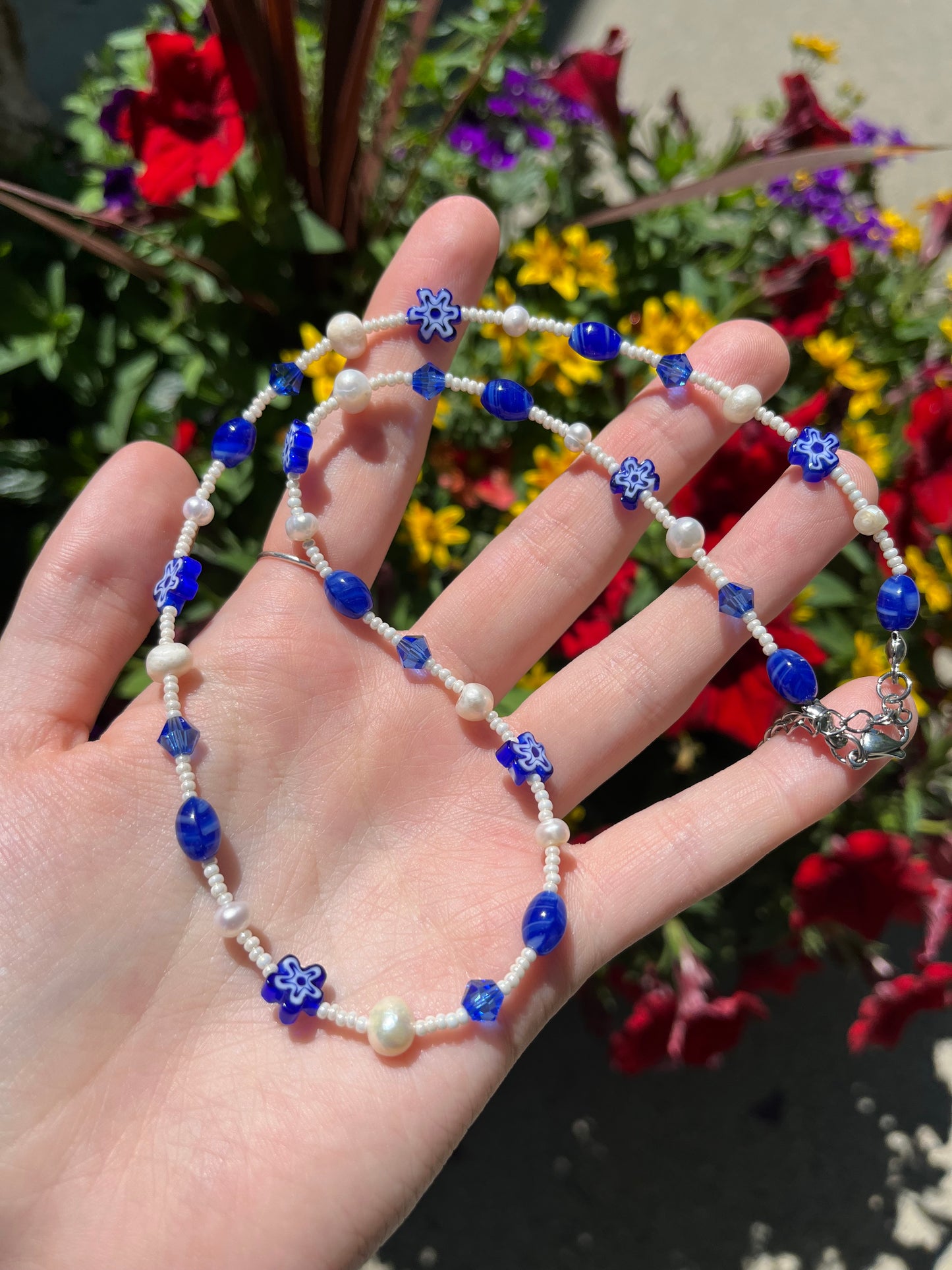 Porcelain and Pearls Themed Silver Necklace