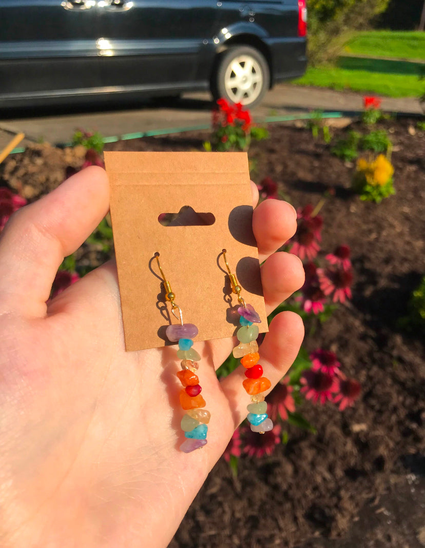 Rainbow Gemstone Chips Gold Dangle Drop Earrings