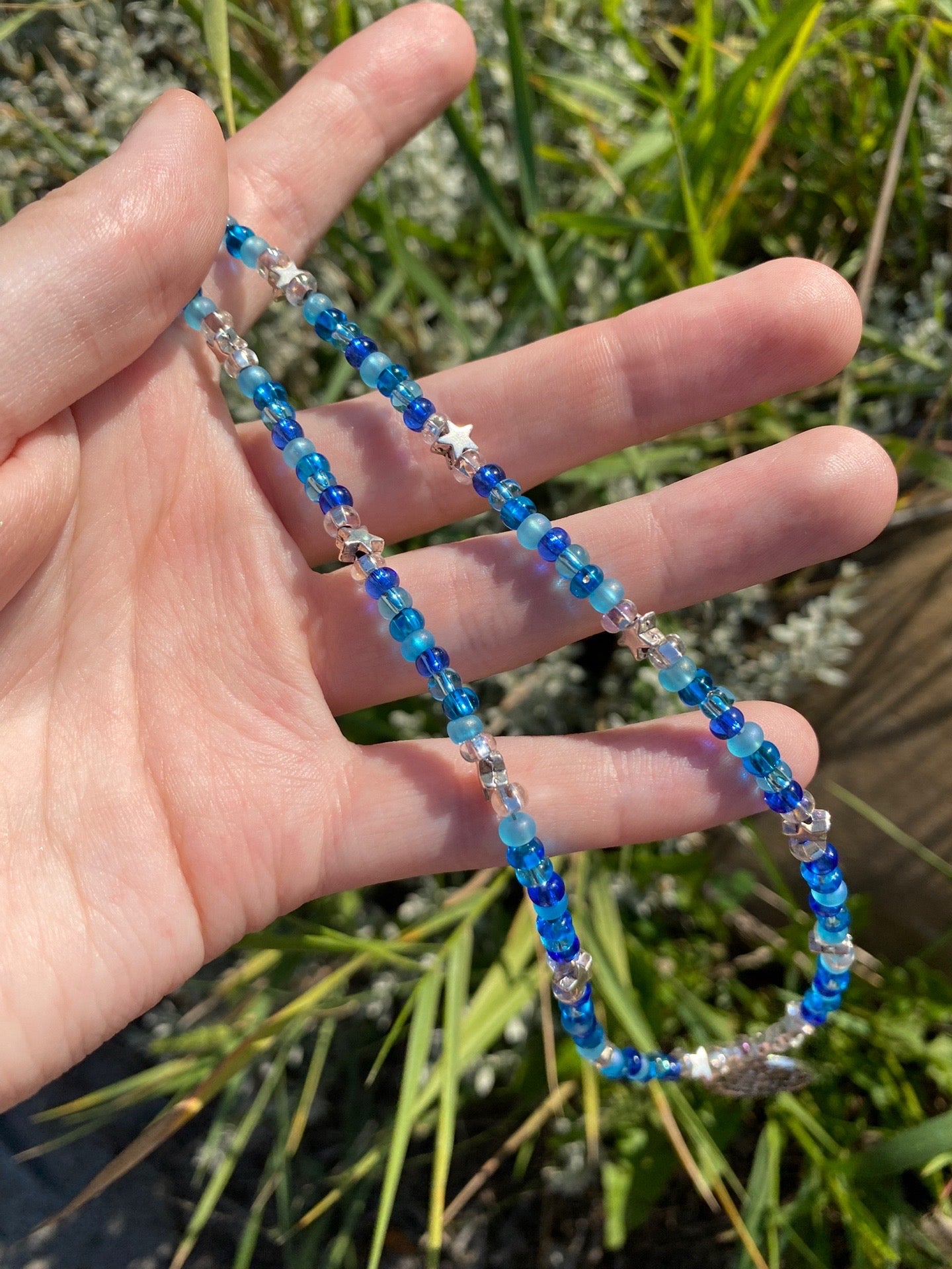 Blue Phases Moon, Stars and Planet Beaded Silver Charm Necklace