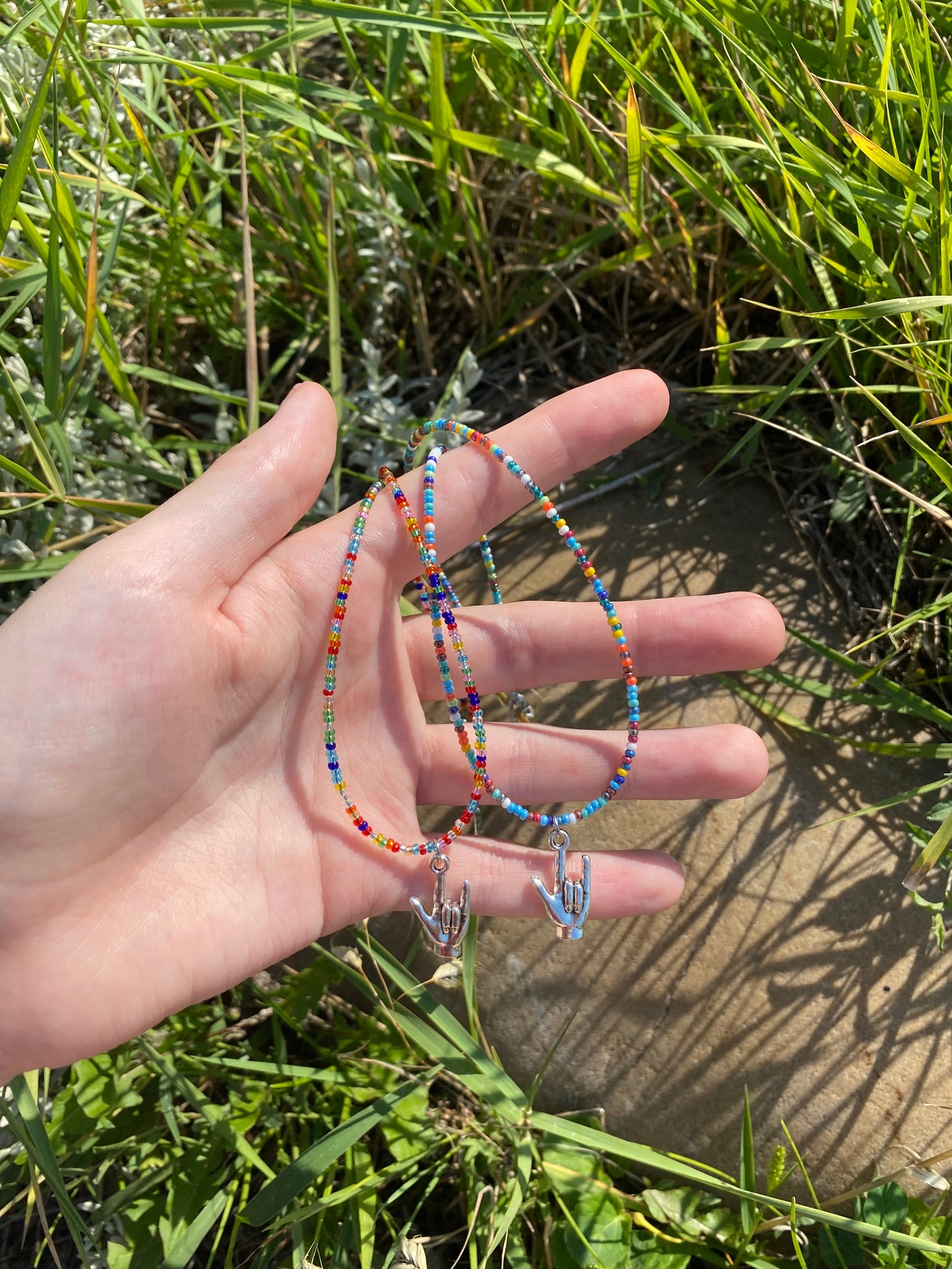 American Sign Language "I Love You" Beaded Rainbow Charm Necklace in Silver