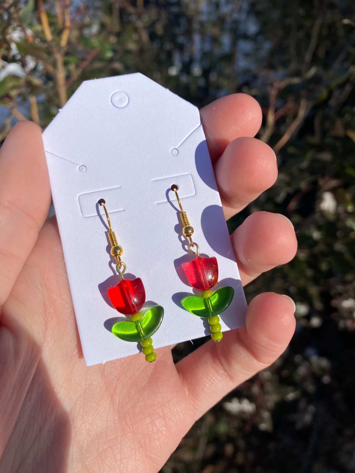 Tulip Flower Beaded Dangle Drop Gold Earrings in Yellow or Red