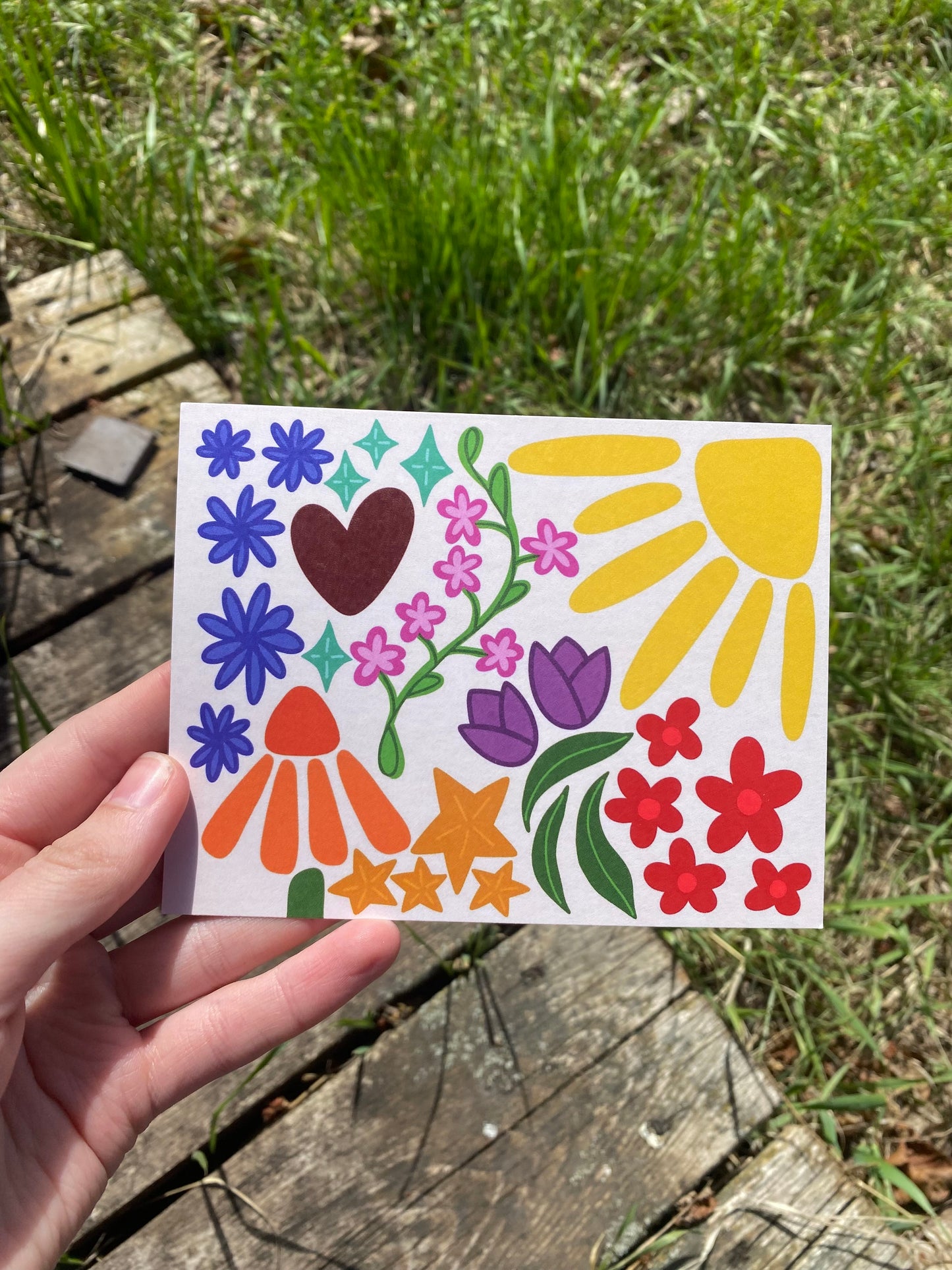 Off White Floral, Stars, and Hearts Colorful Postcard