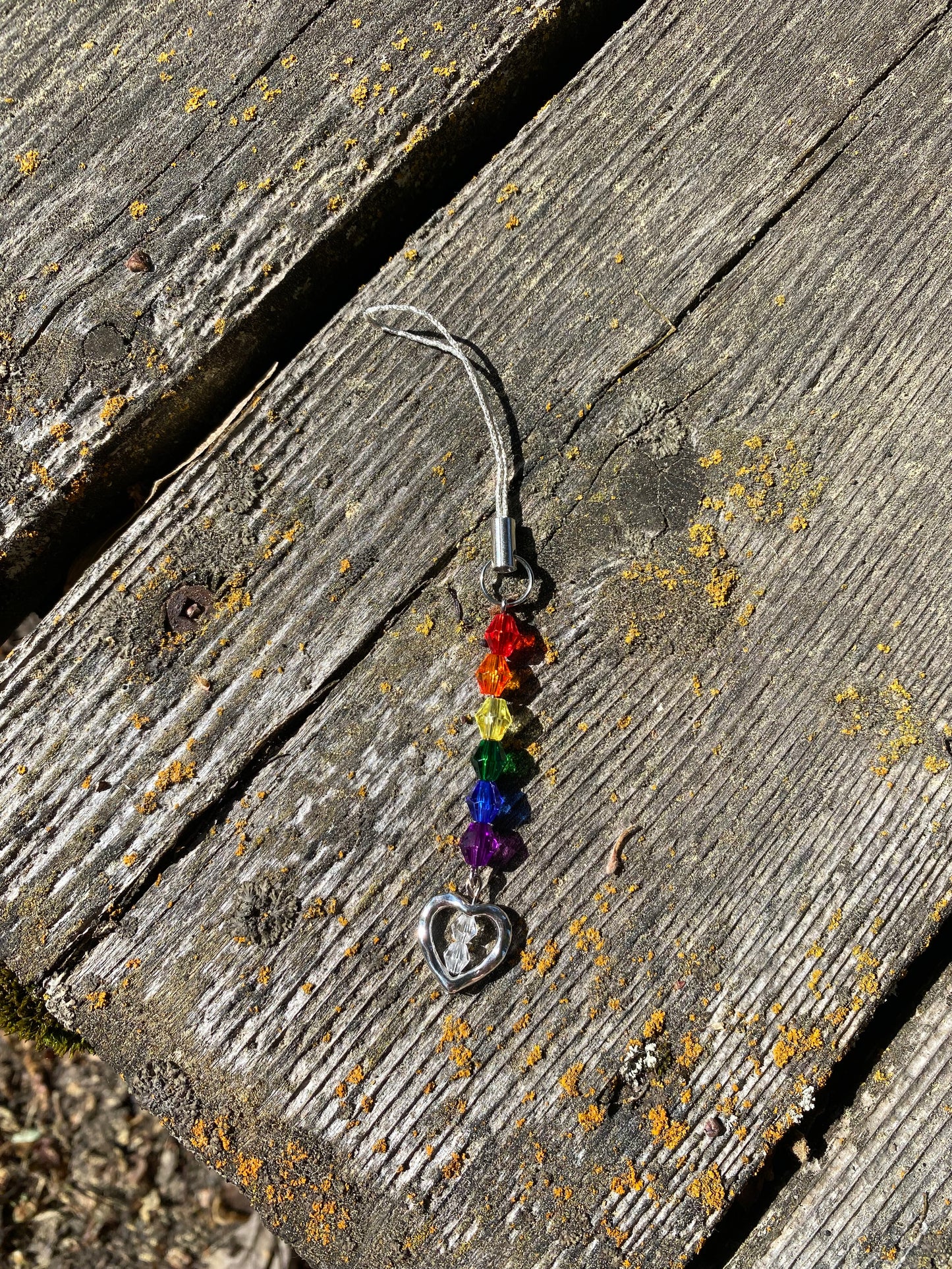 Rainbow Heart Crystal Beads Silver Phone Charm