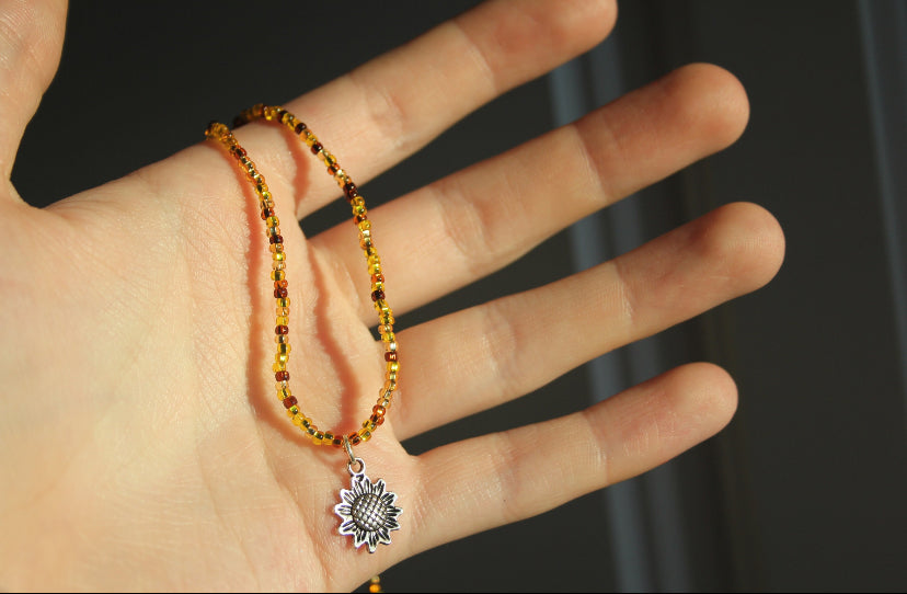 Yellow and Brown Dainty Silver Sunflower Beaded Charm Necklace
