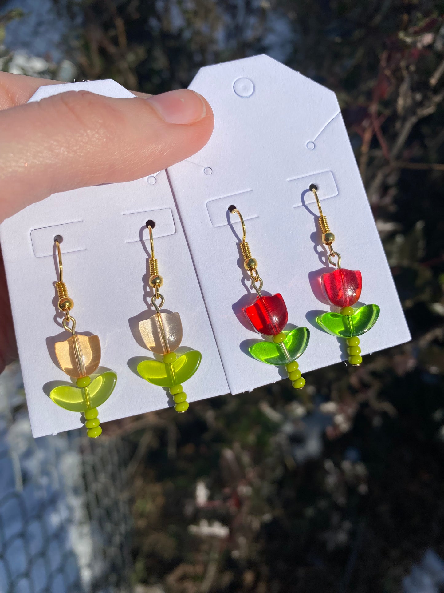 Tulip Flower Beaded Dangle Drop Gold Earrings in Yellow or Red