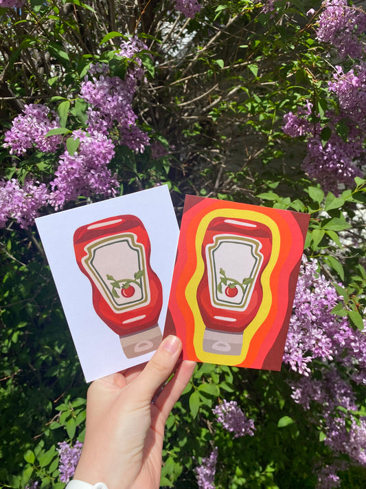 Ketchup Bottle Postcard in White or Groovy Warm Colors