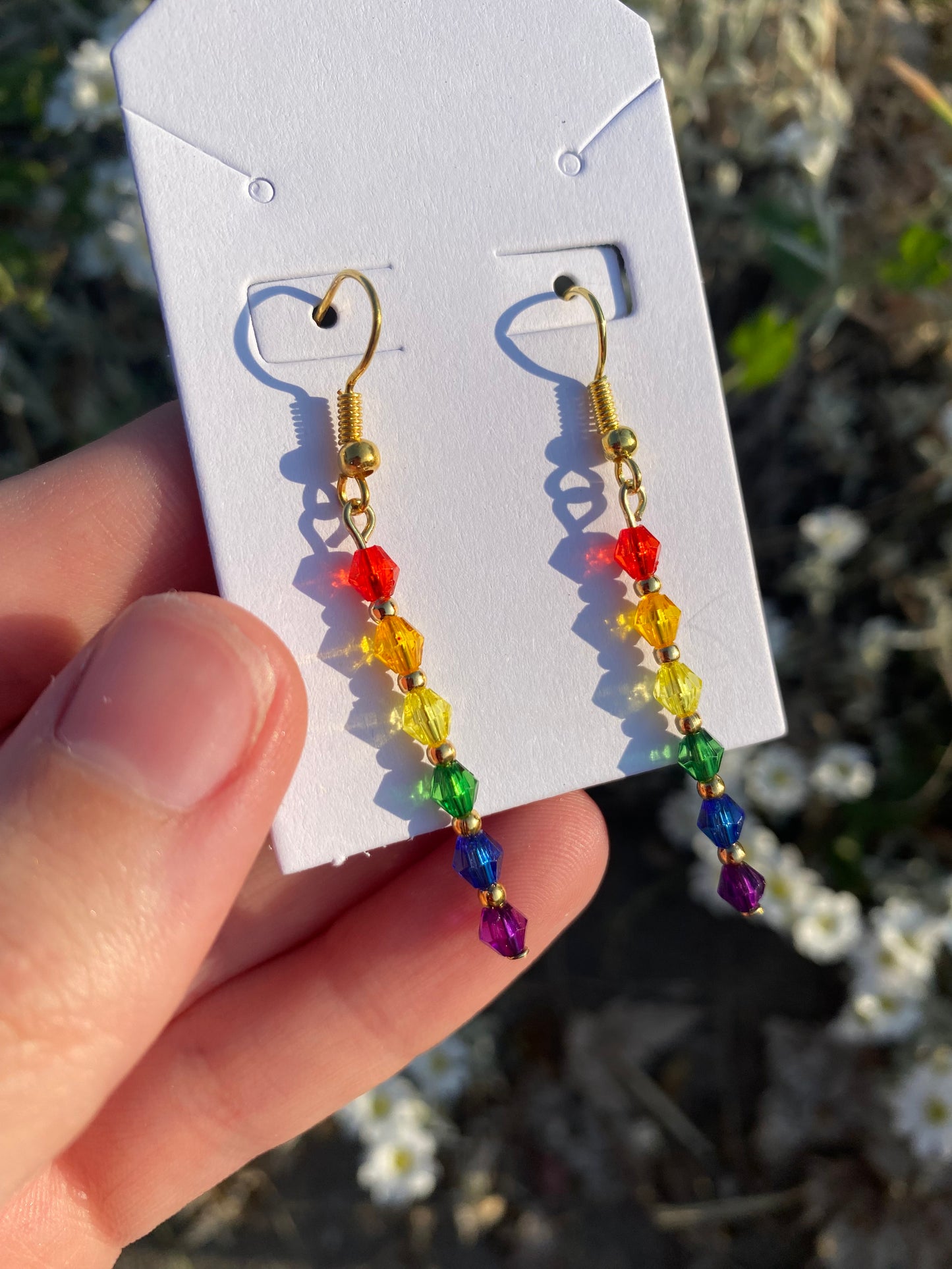 Gold Beaded Rainbow Crystal Dangle Drop Earrings
