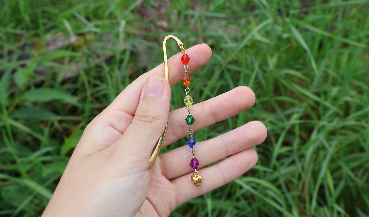 Rainbow Crystal Bead Gold Heart Bookmark