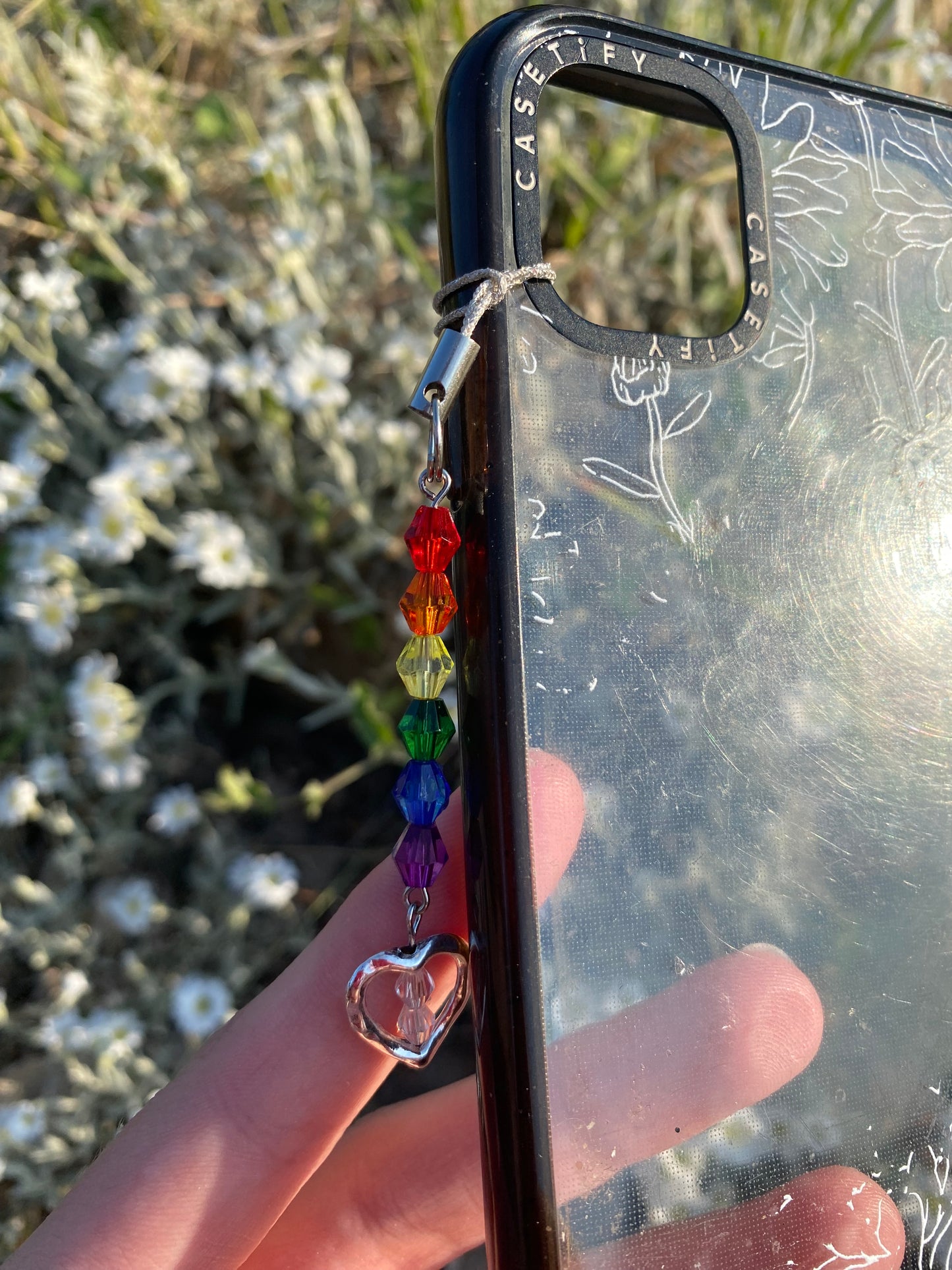 Rainbow Heart Crystal Beads Silver Phone Charm