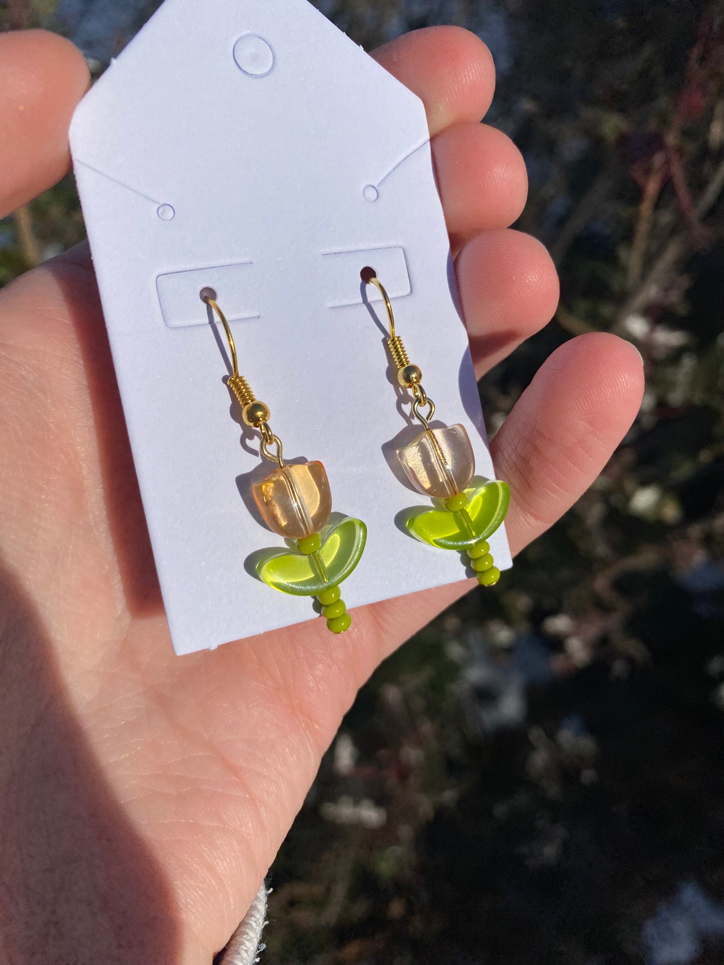 Tulip Flower Beaded Dangle Drop Gold Earrings in Yellow or Red